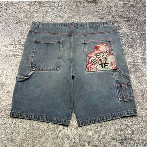 VTG Tuff Carpenter Jorts Mens 44 Blue Baggy Embroidered Hip-Hop Denim Shorts Y2K